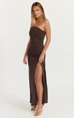 Opal Maxi Dress - Off Shoulder Gathered Bodice Fit And Flare Dress in Dark Chocolate