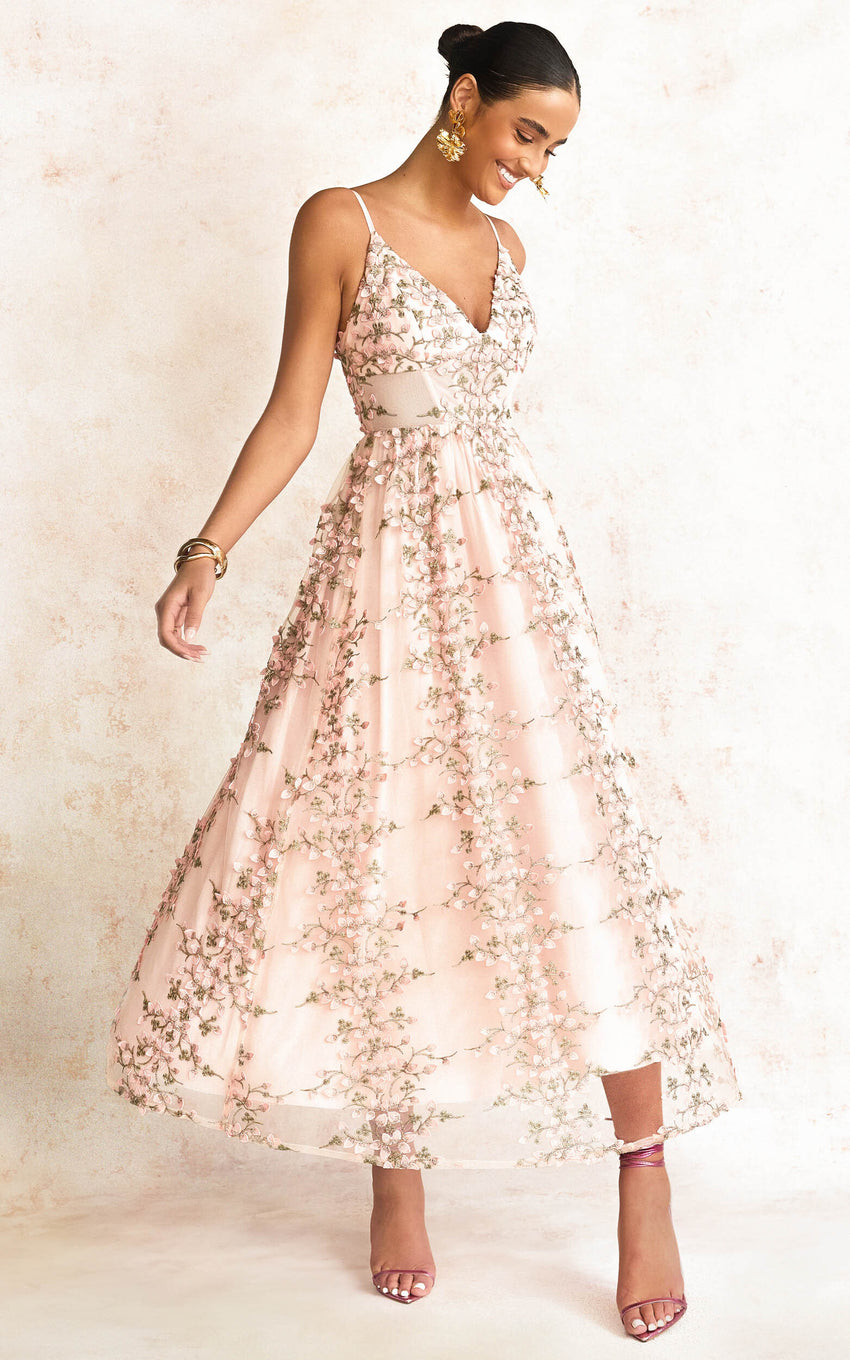 Amalie The Label - Lou V Neck Embroidered Tulle Midi Dress in Blush