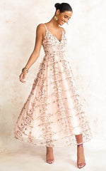 Amalie The Label - Lou V Neck Embroidered Tulle Midi Dress in Blush