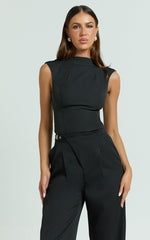 Paxton Top - High Neck Fitted Open Back Sleeveless Top in Black