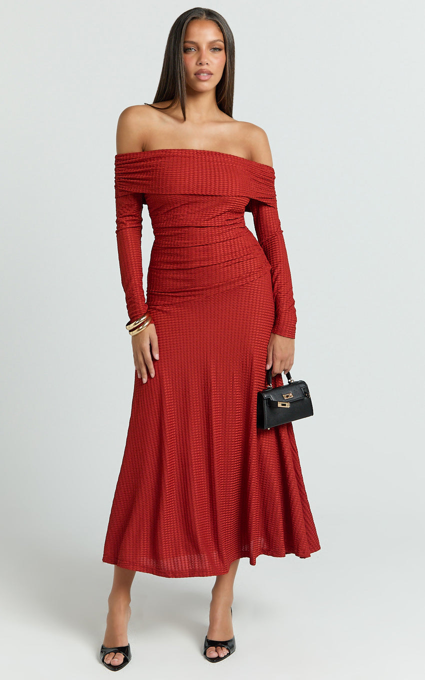 Perla Midi Dress - Off The Shoulder Sleeve Drop Waist Dress in Red