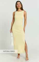 Perrie Midi Dress - High Neck Sleeveless Scoop Back Fitted Leg Split Skirt Dress in Lemon