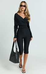 Petra Top - Long Sleeve Wrap Ribbed Knit Top in Black