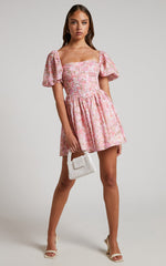 Phorchia Mini Dress - Fit and Flare Puff Sleeve Corset Dress in Fleur Print