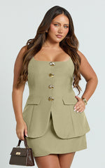 Phyllis Two Piece Set - Tailored Scoop Neck Vest Top and A Line Mini Skirt Set with Gold Buttons in Sage