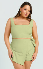 Polina Two Piece Set - Linen Square Neck Crop Top and Tie Waist Skort Set in Sage