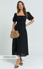 Quinn Midi Linen Blend Dress - Puff Sleeve Square Neck Dress in Black