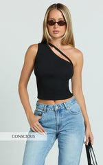 Rafael Top - One Shoulder Rib Strap Tank Top in Black
