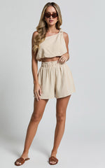 Raylene Two Piece Set - Linen Knotted One Shoulder Top and Paper Bag Waist Shorts in Natural