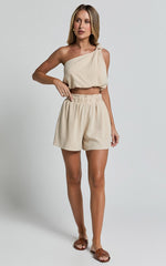 Raylene Two Piece Set - Linen Knotted One Shoulder Top and Paper Bag Waist Shorts in Natural