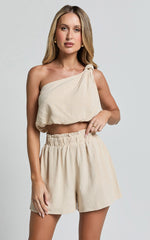 Raylene Two Piece Set - Linen Knotted One Shoulder Top and Paper Bag Waist Shorts in Natural