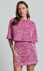 Reah Two Piece Set - Tie Back Top and High Waisted Sequin Mini Skirt in Pink