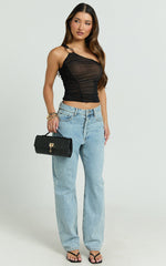 Reese Top - Asymmetric Ruched Metal Hardware Jersey Top in Black