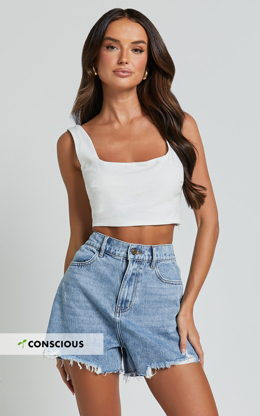 Renee Shorts - High Waisted Frayed Hem Denim Shorts in Light Blue Wash