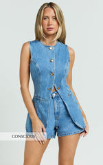 Rhianna Top - Button Down Longline Recycled Denim Vest Top in Mid Blue Wash