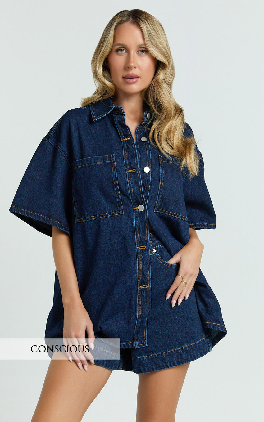Rhianna Top - Oversized Recycled Denim Short Sleeve Shirt in Indigo Wash