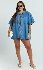 Rhianna Top - Oversized Recycled Denim Short Sleeve Shirt in Mid Blue Wash