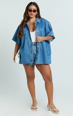 Rhianna Top - Oversized Recycled Denim Short Sleeve Shirt in Mid Blue Wash