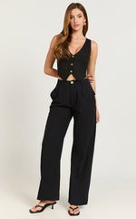 Rimona Top - Linen V Neck Button Down Vest Top in Black