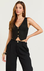 Rimona Top - Linen V Neck Button Down Vest Top in Black