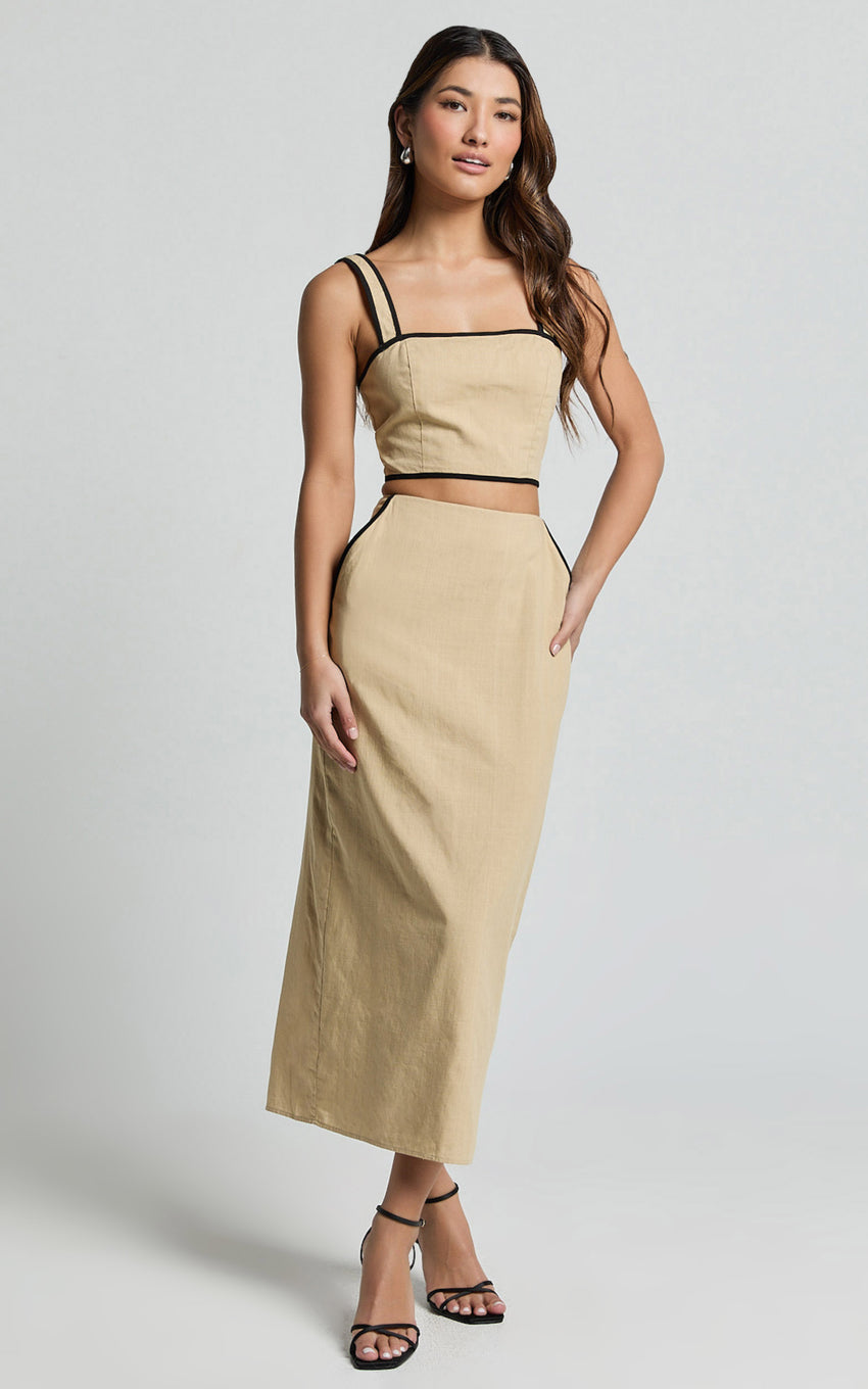Rita Two Piece Set - Linen Contrast Crop Top and Pencil Midi Skirt Set in Sand/Black