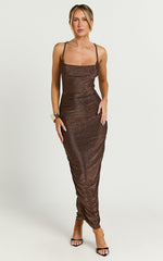 Roma Midi Dress - Ruched Cowl Neck Dress in Chocolate Lurex