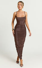 Roma Midi Dress - Ruched Cowl Neck Dress in Chocolate Lurex
