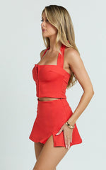 Romy Top - Square Neck Halterneck Fitted Hook And Eye Top in Red