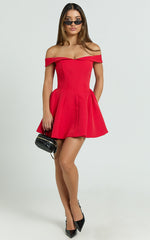 Rosabel Mini Dress - Off Shoulder Fit And Flare Dress in Red