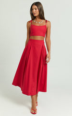 Rosalee Two Piece Top and Skirt Set - Strappy Crop Top and High Waisted A Line Midi Skirt Set in Red