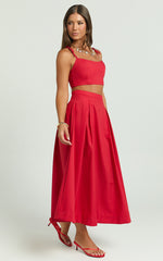 Rosalee Two Piece Top and Skirt Set - Strappy Crop Top and High Waisted A Line Midi Skirt Set in Red