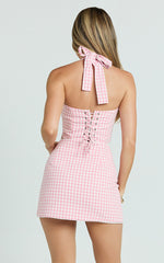 Rosario Two Piece Set - Gingham Corset And Mini Skirt Set in Pink