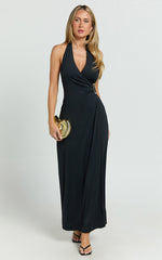Roseville Midi - Wrap Front Halter Dress with Hardware Detail in Black
