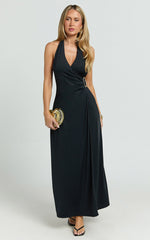 Roseville Midi - Wrap Front Halter Dress with Hardware Detail in Black
