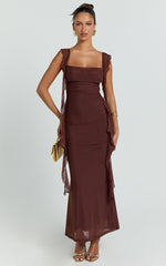 Rosha Midi Dress - Ruffle Strap Dress in Chocolate