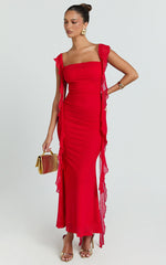 Rosha Midi Dress - Ruffle Strap Dress in Red