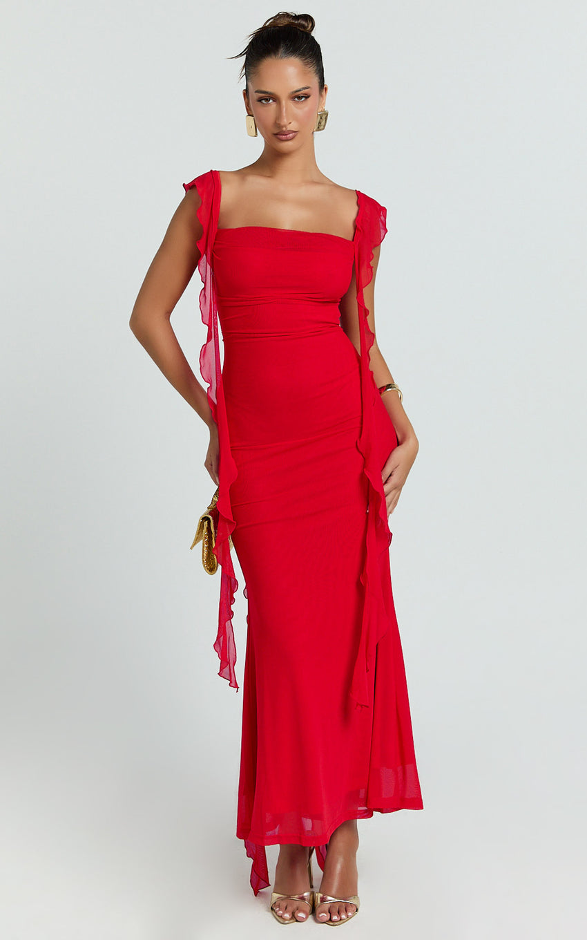Rosha Midi Dress - Ruffle Strap Dress in Red