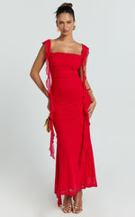 Rosha Midi Dress - Ruffle Strap Dress in Red