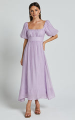Roshina Midi Dress - Straight Neck Puff Sleeve Dress in Lavender