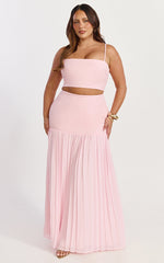 Rowan Two Piece Top and Skirt Set - Square Neck Crop Top and High Waist Pleated Maxi Skirt Set in Pink
