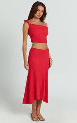 Rowena Two Piece Top and Skirt Set - Twist Tip Shoulder Top and Mid Rise Midi Skirt in Deep Red