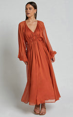 Roxanna Midi Dress - Long Sleeve Ruched Waist Dress in Rust