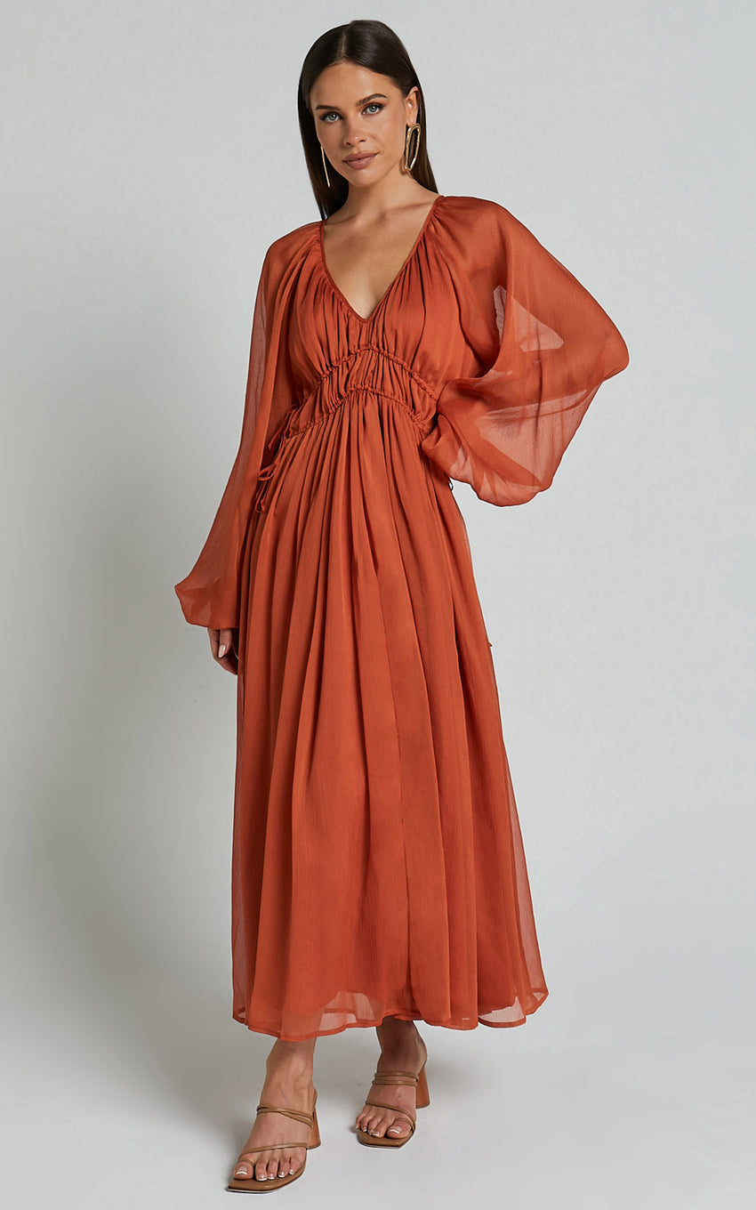 Roxanna Midi Dress - Long Sleeve Ruched Waist Dress in Rust