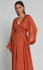 Roxanna Midi Dress - Long Sleeve Ruched Waist Dress in Rust
