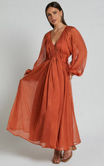Roxanna Midi Dress - Long Sleeve Ruched Waist Dress in Rust