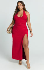 Ruby Maxi Dress - Halter Scoop Neck Low Back Bodycon Dress in Red