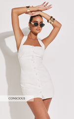 Ricki Mini Dress - Linen Halter Neck Shift Dress in White