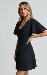 Sahar Mini Dress - Flutter Sleeve Button Through Dress in Black