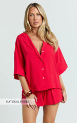 Saina Two Piece Set - Button Through Shirt and Drawstring Shorts Set in Red