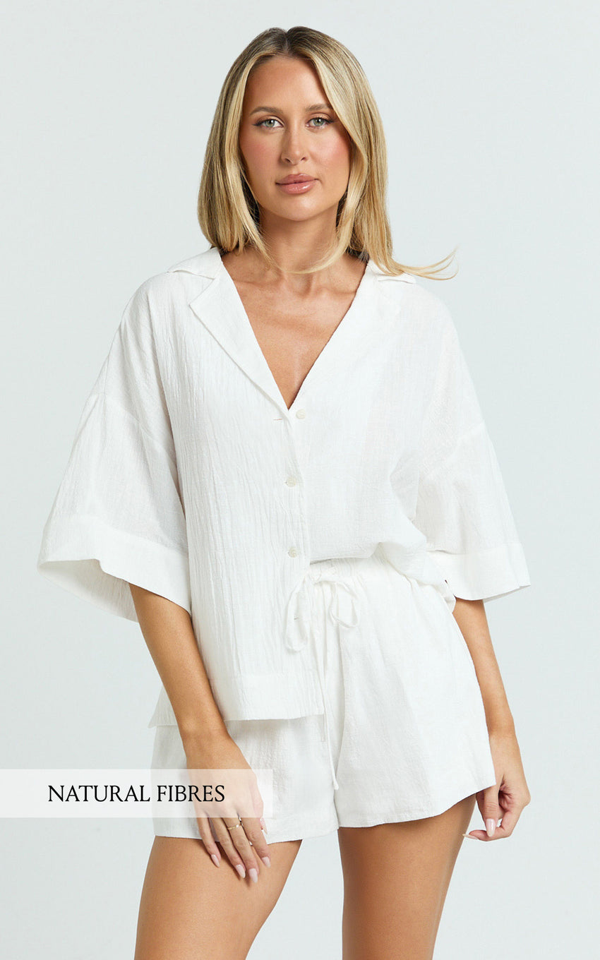 Saina Two Piece Set - Button Through Shirt and Drawstring Shorts Set in White